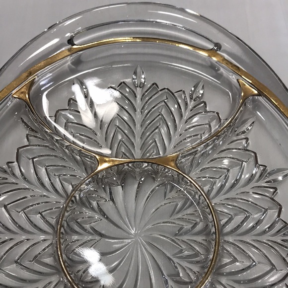 Vintage JEANETTE Glass Oval Gold Trim Divided Serving Tray with Handles - Picture 3 of 11